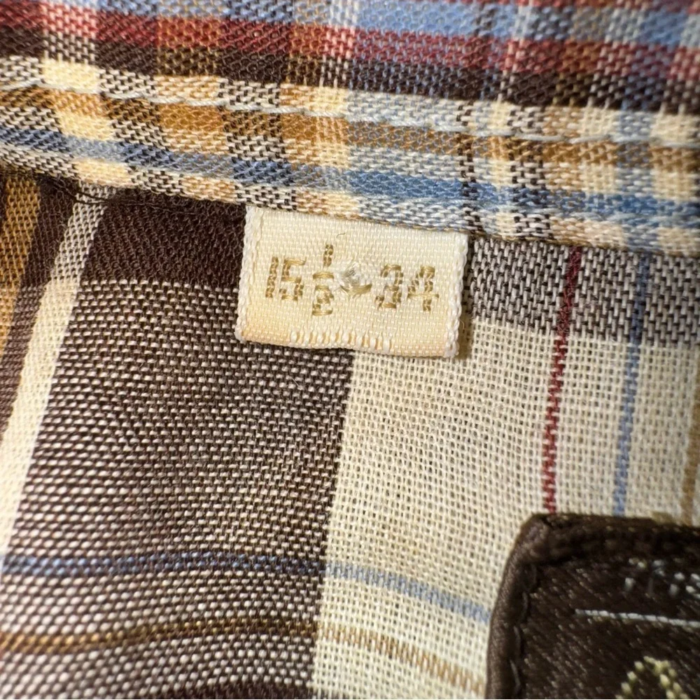 JC PENNEY MENS WESTERN SHIRT SIZE 15.5-34 PEARL SNAPS BROWN/ BLUE PLAID THIN